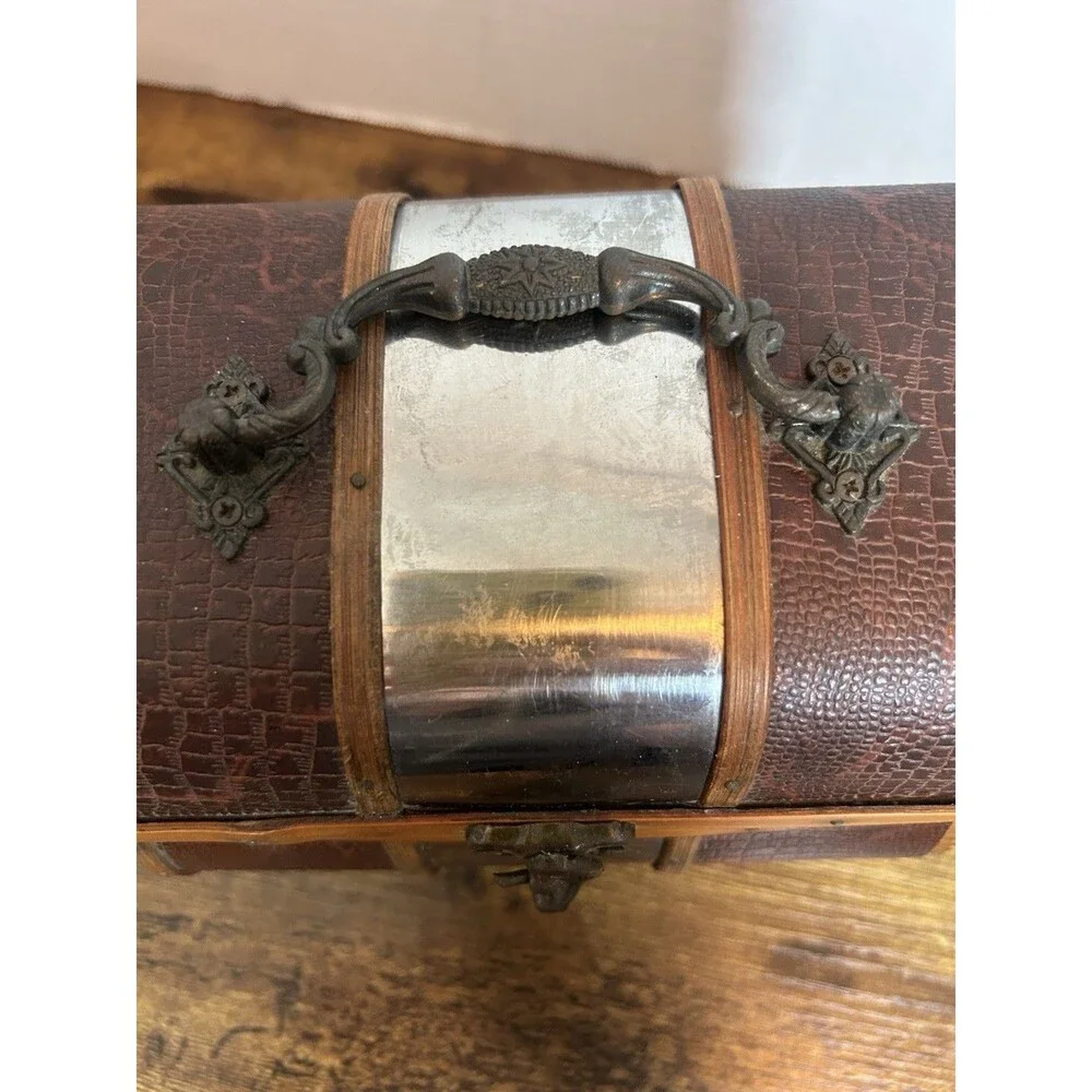 Vintage Treasure Chest Wooden Faux Croc Metal Accent Trinket Box Decorative